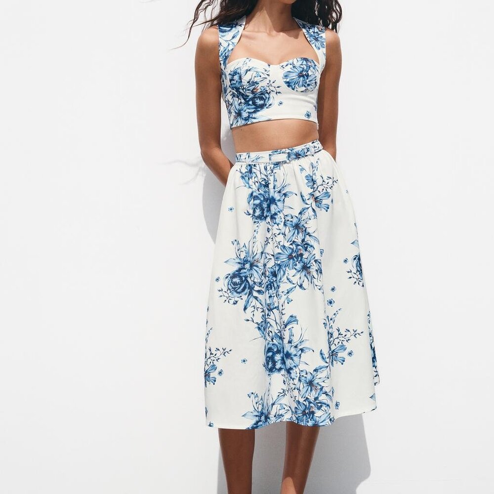 Zara Floral Print Maxi Skirt Mid-Rise Long Skirt w/Belt Blue White Sz Medium NWT
